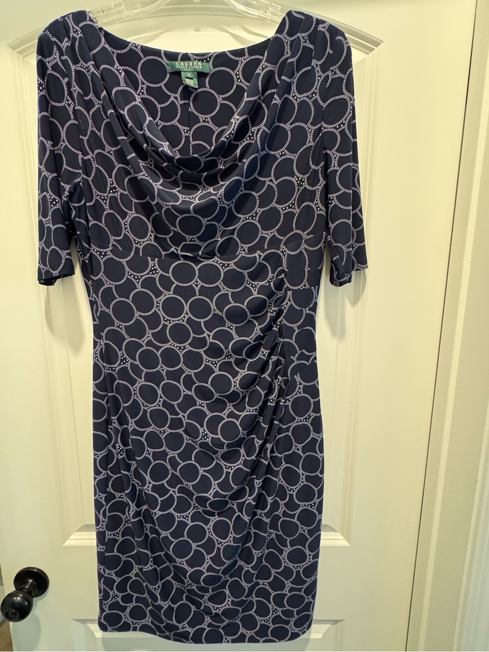 Lauren Ralph Lauren Navy and White Circle-Print Cowl Neck Midi Dress